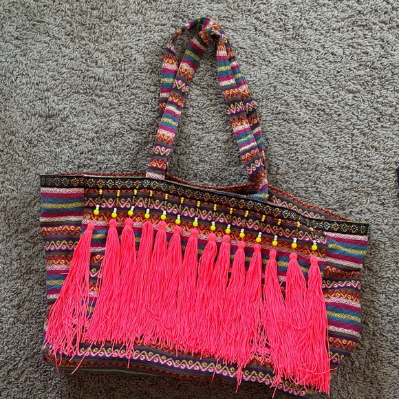 Merona Handbags - Merona Multicolor Woven Tote with Neon Pink Tassels